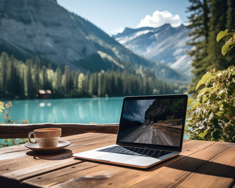 Laptop on a table by the mountains. Online IFS therapy in Ohio